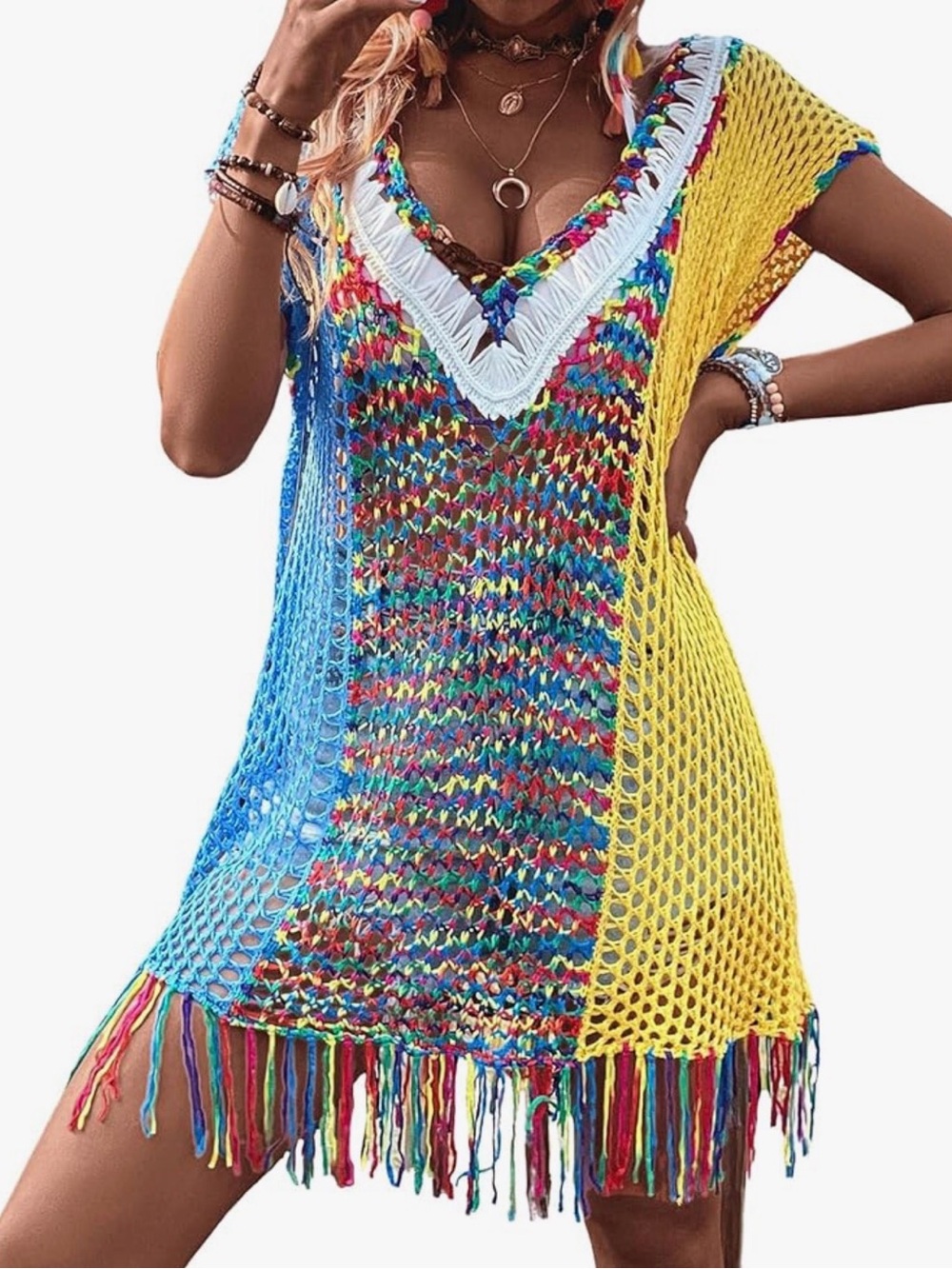 Women’s Fringe Hem Color Block Knitted Crochet Swim Coverup